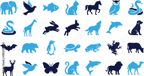 Mix of animal silhouettes and icons in blue and navy on light background.