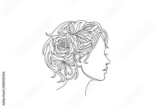 Feminine profile line art illustration of a woman with a large rose flower in her hair