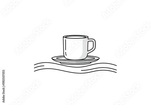 Minimalist line art drawing of a hot coffee cup on a saucer