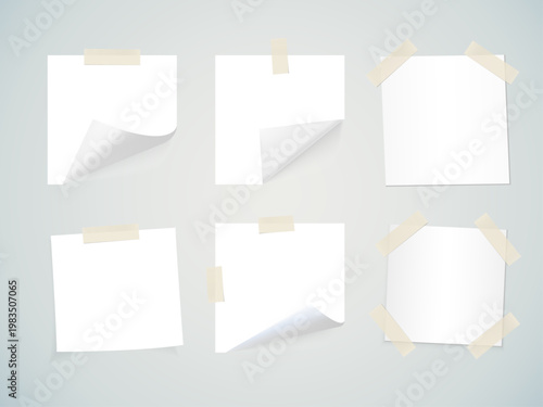 Sticky Notes and Memo Paper Set – Blank White Pages with Adhesive Tape and Stickers Template Vector