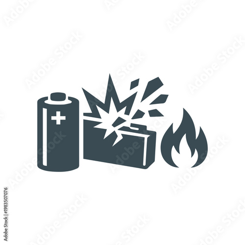 Battery explosion fire hazard icon representing lithium cell danger and chemical safety warning sign