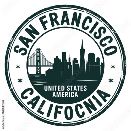 San francisco travel stamp with golden gate bridge and city skyline