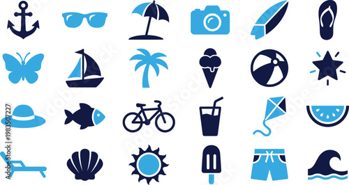 Collection of summer and vacation icons for design and travel themes.