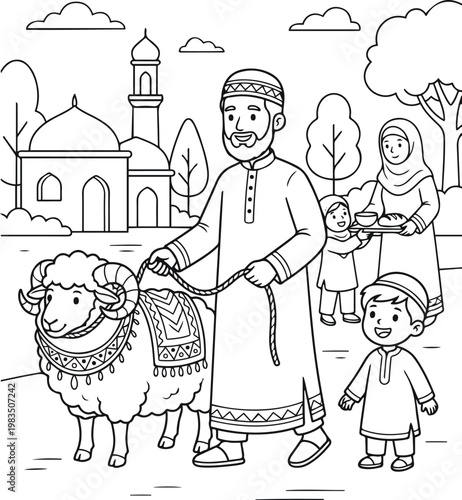 Black and white coloring page illustration of a Muslim family with a decorated cow, representing Eid al-Adha celebration in a peaceful outdoor setting.