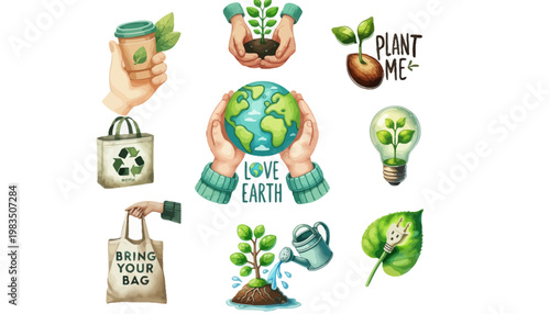 A collection of eco-friendly illustrations promoting sustainability and environmental love
