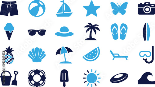 Summer icons collection of beach and holiday elements for graphic design.
