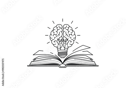 Creative idea concept illustration with brain lightbulb rising from an open book