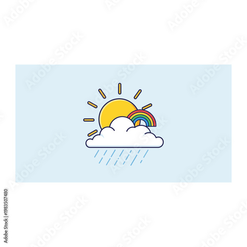 Sun and cloud icon with rain and rainbow weather forecast graphic