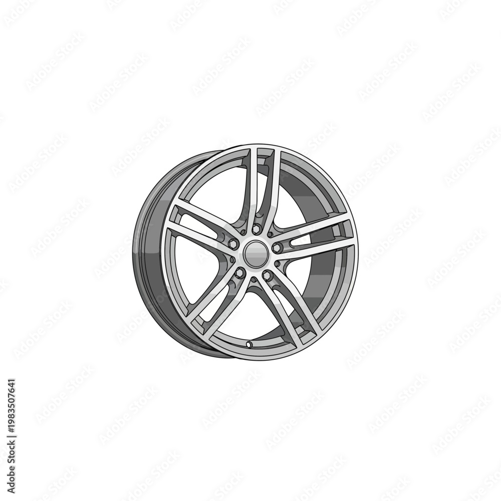 Obraz premium Silver five spoke automotive alloy wheel rim isolated studio shot