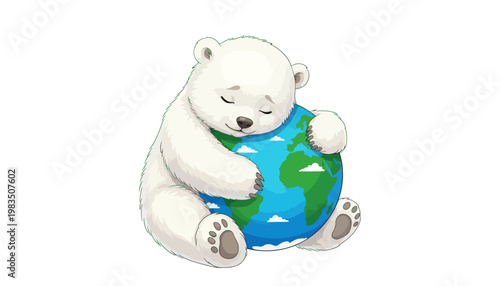 A cute polar bear hugging the Earth with love and care
