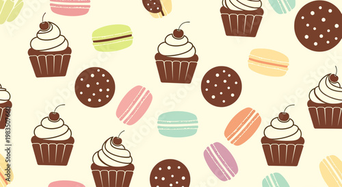 Sweet delights a whimsical pattern of cupcakes, macarons, and cookies