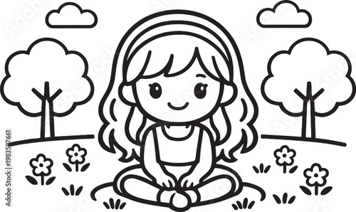 A girl sitting on the grass, happily coloring in a coloring book with vibrant crayons