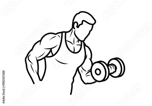 Line drawing of a muscular male athlete performing a bicep curl exercise with a dumbbell