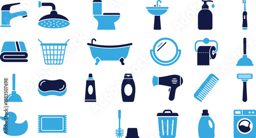 Bathroom objects and accessories icons for hygiene and cleaning designs.