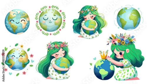 A cartoon girl lovingly embracing the Earth with flowers and a smile