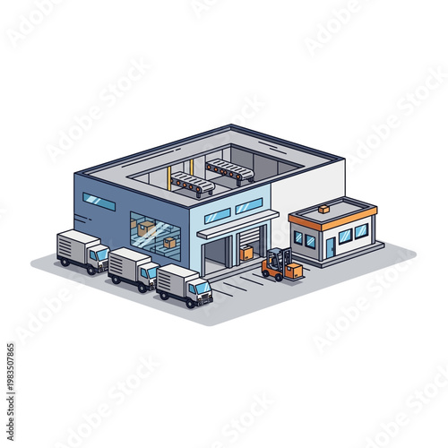 Isometric logistics warehouse building with delivery trucks and forklift