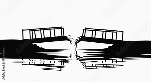 A stark black and white illustration depicts a broken bridge with jagged edges over water symbolizing disconnection and separation high quality professional detailed