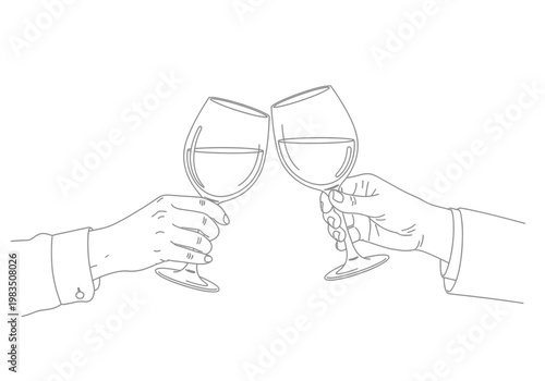 Hand drawn illustration of two hands clinking wine glasses in a celebration toast