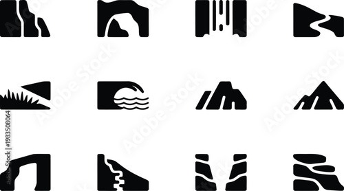 Abstract black icons geological formations and natural landscapes