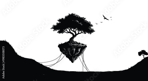 A striking black and white illustration depicts a solitary tree floating on an island in the sky with birds in flight high quality