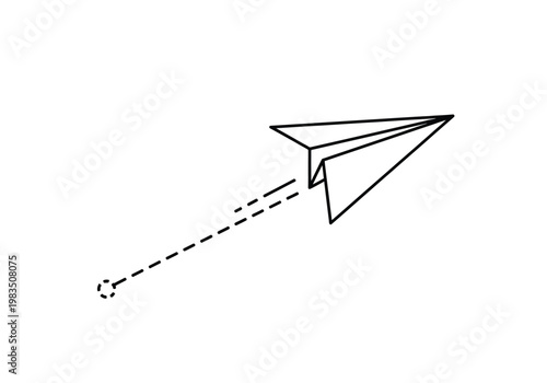 Minimalist line art of a paper plane taking off with a dotted flight path trail