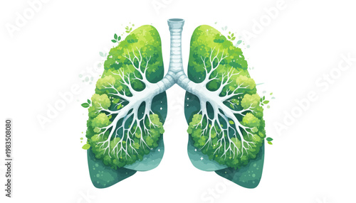  human lungs with green tree foliage symbolizing clean air and nature