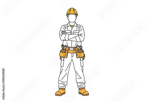 Confident professional worker in hard hat and tool belt standing with arms crossed
