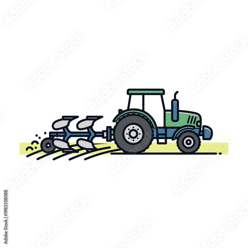 Tractor plowing farm field with plow attachment