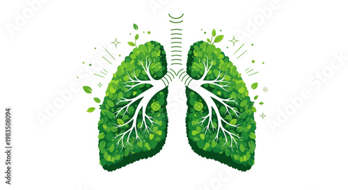  human lungs with green tree foliage symbolizing clean air and nature