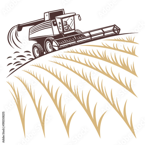 A vintage style illustration depicts a combine harvester working in a golden wheat field showcasing the harvest season s agricultural process