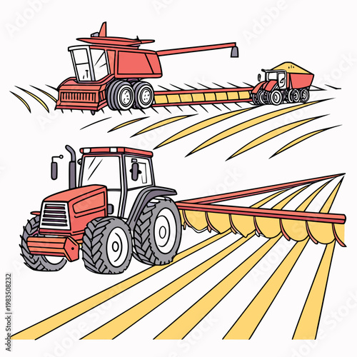 A colorful illustration depicts agricultural machinery harvesting crops in a field showcasing a combine harvester and tractors high quality professional detailed modern