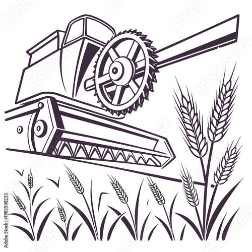 A stylized illustration depicts a vintage combine harvester alongside stalks of golden wheat showcasing agricultural machinery high quality professional detailed modern elegant