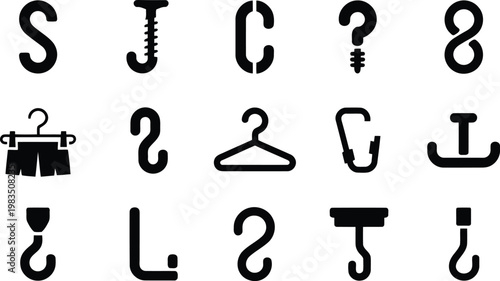 Collection of black glyph icons representing hooks hangers and fasteners