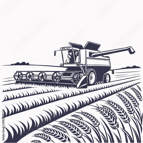 A detailed monochrome illustration depicts a combine harvester working in a golden wheat field during harvest season high quality professional modern elegant