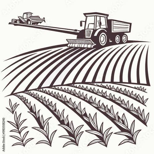 A detailed sketch depicts a combine harvester working in a field showcasing agricultural machinery and the rural landscape during harvest time