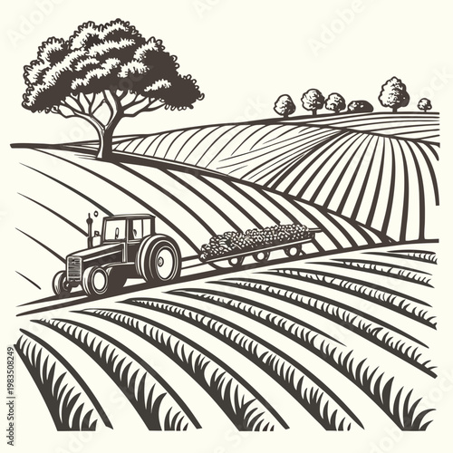 A vintage style illustration depicts a tractor pulling a hay wagon through rolling farmland beneath a large tree high quality professional detailed