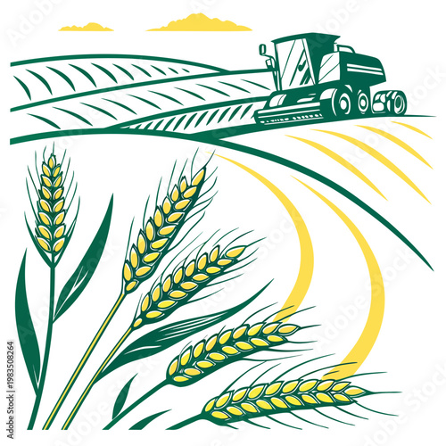 A stylized illustration depicts a combine harvester working in a golden wheat field under a bright sunny sky high quality professional detailed