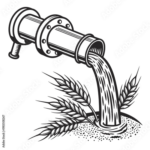A detailed black and white illustration depicts a flowing pipe pouring liquid onto wheat stalks and grainy soil below high quality professional