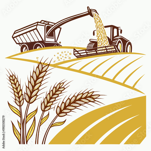 A stylized illustration depicts a combine harvester in action unloading grain into a trailer amidst golden wheat fields and stalks high quality