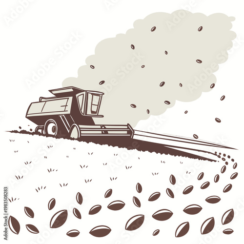 A detailed sketch depicts a combine harvester actively collecting grain in a field with seeds dispersing into the air high quality professional