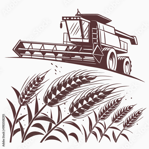 A detailed illustration depicts a large combine harvester positioned above stalks of golden wheat showcasing agricultural machinery and harvest high quality professional