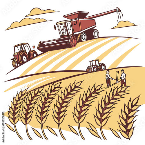 A vintage style illustration depicts a bountiful harvest scene with tractors a combine harvester and farmers working in a wheat field