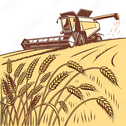 A vintage style illustration depicts a combine harvester working in a golden wheat field showcasing agricultural machinery and harvest time high quality
