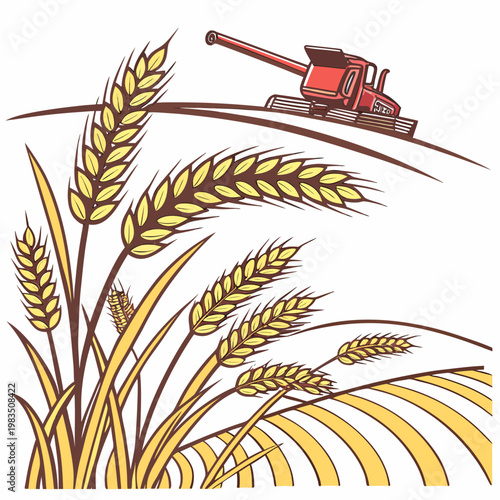 A vintage style illustration depicts a red combine harvester working within a golden wheat field showcasing agricultural abundance and harvest time