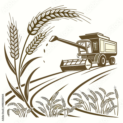 An illustrative depiction showcases golden wheat stalks alongside a vintage combine harvester working in a field landscape high quality professional detailed modern