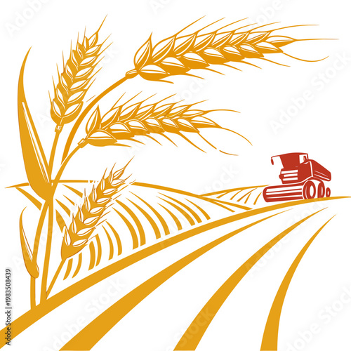 A stylized illustration depicts golden wheat stalks and a distant red combine harvester working within a vast rolling field high quality professional
