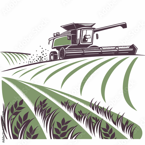 A stylized illustration depicts a combine harvester in action reaping a bountiful harvest amidst rolling green fields and scattered grain high quality