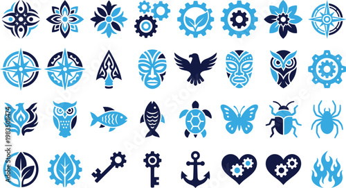 Set of industrial and nature symbols including gears masks compass and butterflies.