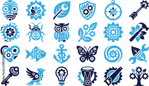 Collection of nature and industrial icons including owl leaf bug heart and wrench.