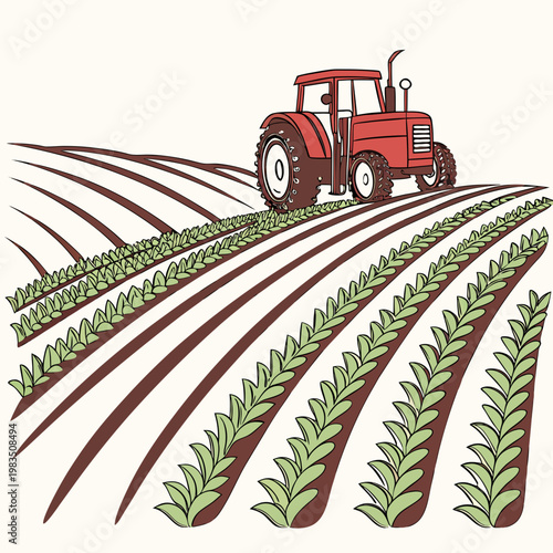 A vibrant illustration depicts a classic red tractor traversing rolling farmland with neatly planted rows of green crops high quality professional detailed
